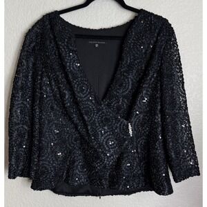 Helene Blake Size 16 Black Faux Wrap Blouse Top Textured Lace Sequin Evening USA